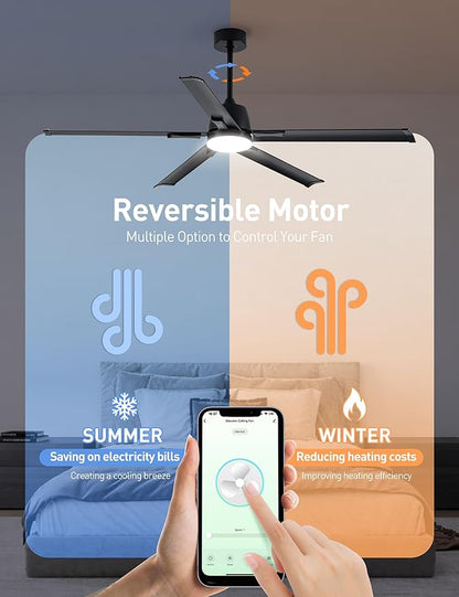 Minislak 62 Inch Smart Ceiling Fan with Light and Remote,Industrial Ceiling Fan with 5 Aluminum Blades,6 Speed,3CCT,Quiet DC Motor Indoor Outdoor Fan for Patio,Living Room,Bedroom