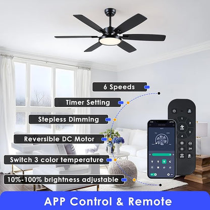 Hounberi 52 Inch Ceiling Fans with Lights and Remote, Modern Black Ceiling Fan with Light, Quiet DC Reversible Motor, 3CCT Dimmable LED Light, Black & Wood Hanging Fan for Bedroom, Living Room