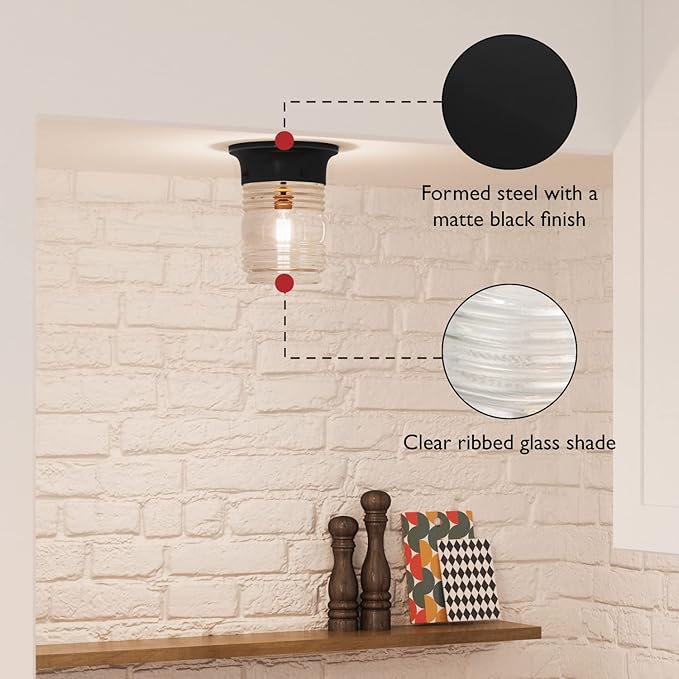 Design House Jelly Jar Indoor Outdoor Flush Mount Ceiling Light, Matte Black, 5.9 in H x 4.8 in Dia, Damp Rated, Dimmable, Uses 1 E26 Bulb, Ribbed Clear Glass, Weather-Resistant Steel, 587220