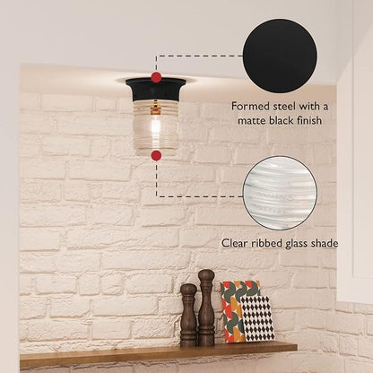 Design House Jelly Jar Indoor Outdoor Flush Mount Ceiling Light, Matte Black, 5.9 in H x 4.8 in Dia, Damp Rated, Dimmable, Uses 1 E26 Bulb, Ribbed Clear Glass, Weather-Resistant Steel, 587220