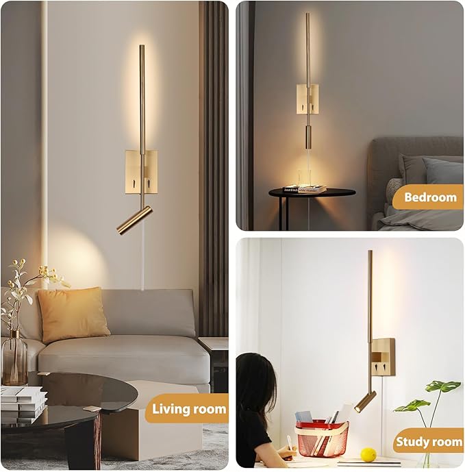 Modern Plug in Wall Sconce Indoor Ambient Lighting for Bedroom, Gold LED Wall Mounted Reading Lamp with Switch, Corded Minimalist Linear Wall Light with 5.9FT Clear Cord for Living Room Corner Hallway