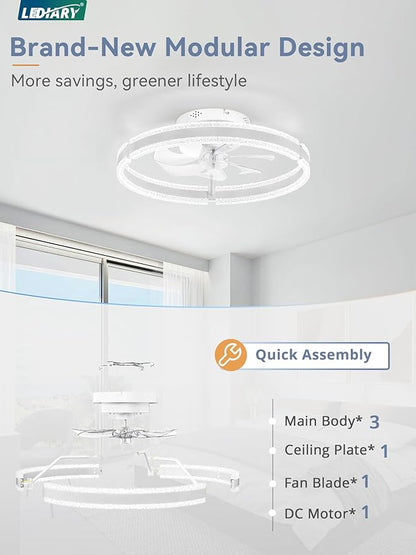 LEDIARY Ceiling Fans with Lights and Remote, 20'' Low Profile Ceiling Fan with Light, 3000-6000K Dimmable Fandelier Ceiling Fans, Modern Flush Mount Fan Light for Bedroom with 6 Wind Speeds- White