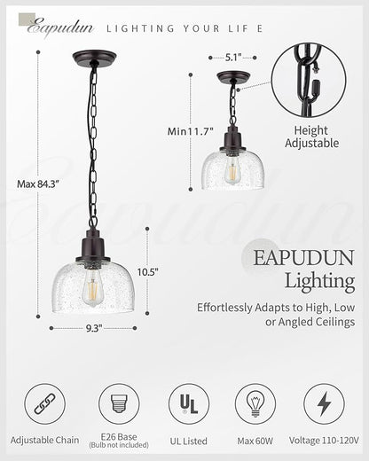 EAPUDUN 1-Pack Farmhouse Pendant Light, 1-Light Industrial Hanging Light Fixture with 9.3" Round Seeded Glass Shade, Dark Bronze Finish, Vintage Ceiling Lighting for Kitchen Island & Dining Room