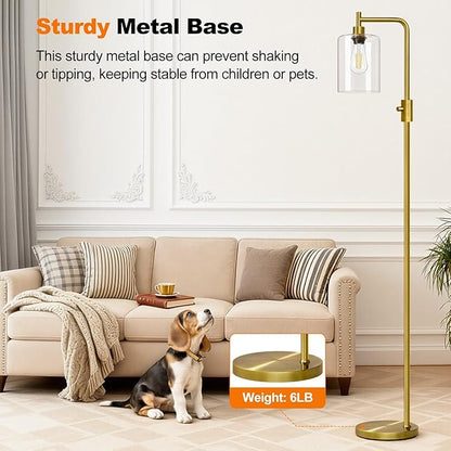 【Upgraded】Dimmable Floor Lamp for Living Room with Clear Glass Lampshade, Brass Modern Floor Lamp with 900LM Edison Bulb Included, Bright Standing Tall Lamp for Bedroom, Office, Reading Room, Corner