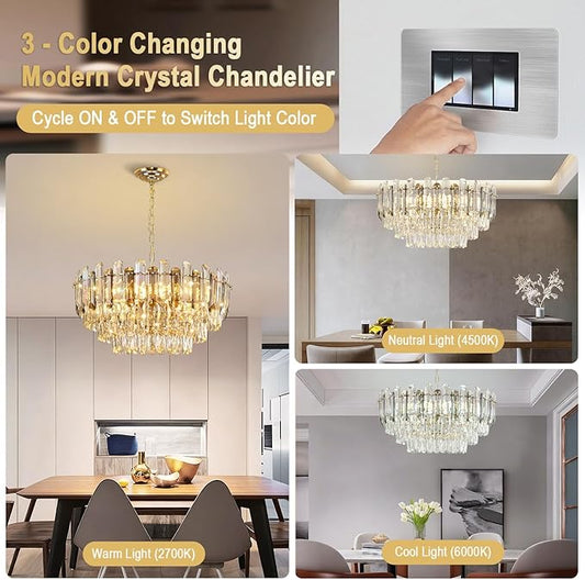 Gold Crystal Chandelier 20" 10-Light 3-Tier K9 Crystal Round Adjustable Pendant Light Modern Crystal Chandeliers for Dining Room Living Room Kitchen Island Bedroom Foyer Entryway