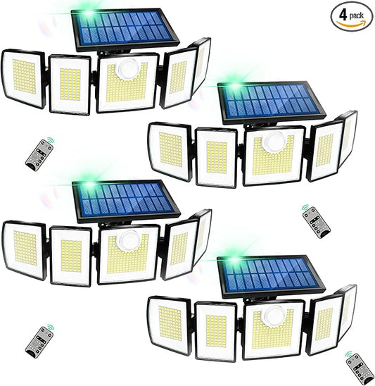 MDCMDCM Outdoor Solar Light Motion Sensor Waterproof - 3000 Lumens 3 Modes 416 LEDs 32ft 2400mAh 5 Heads Security Lights Flood Lights with Remote for Patio Yard Pool Outside （Wireless, 4p）