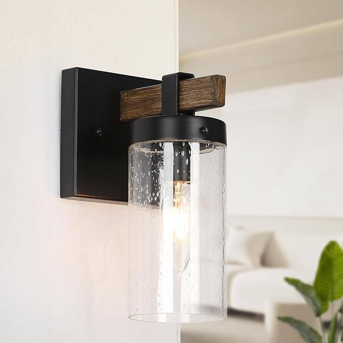 KSANA Black Wall Sconces, Farmhouse Faux Wood Wall Light Fixtures with Seeded Glass Shade for Bedroom, Bathroom, Living Room
