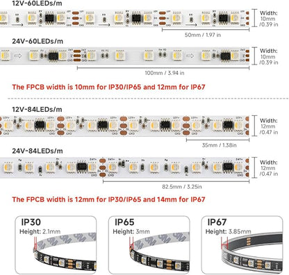 BTF-LIGHTING WS2814 IC RGBW RGB+Cool White (Similar WS2812B),Addressable DC12V 16.4FT 60LED/m 20pixel/m,UL Listed,4 Colors in 1 Dream Color LED Strip IP67 for Home Decor(No Adapter or Controller)