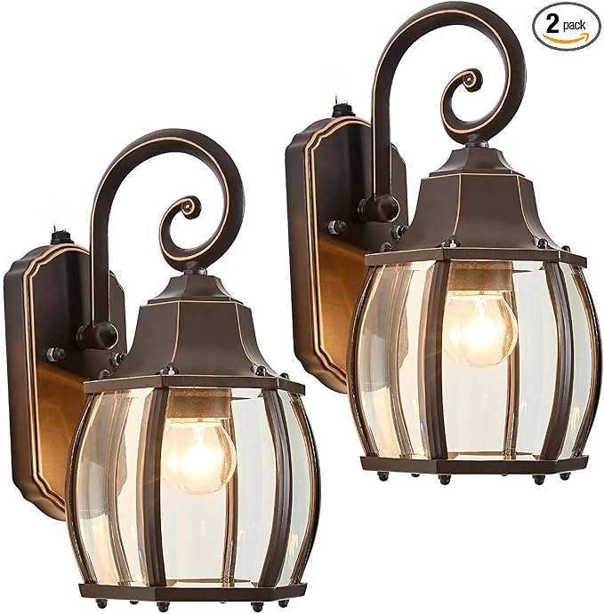 Dusk to Dawn Outdoor Wall Light in Oil Rubbed Bronze with Gold Rim 2-Pack Wall Lamp Outside Sensor Exterior Light Fixtures Wall Mount Porch Light E26 Exterior Wall Sconces for House Garden