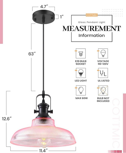 Pink Glass Pendant Lights Kitchen Island, 12in, Ribbed Glass Kitchen Pendant Lights Fixture, Farmhouse Pendant Lighting for Dining Room Bedroom Bar Sink, 1 Pack