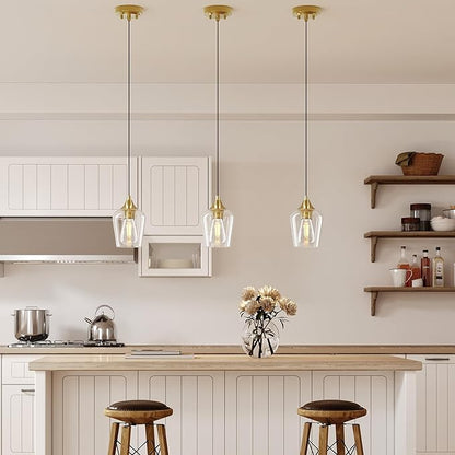 VONLUCE Pendant Lights Kitchen Island, Brushed Gold Pendant Light Fixtures with E26 Base & Adjustable Cable, Modern Pendant Lighting with Glass Shade for Living Room Bedroom Hallway, 3 Packs