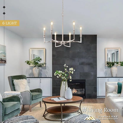Brushed Nickel Chandelier Light Fixture 6-Light Candle Dining Room Chandelier Lighting Over Table Metal Chandeliers for Bedroom Kitchen Island Foyer Entryway, 26in