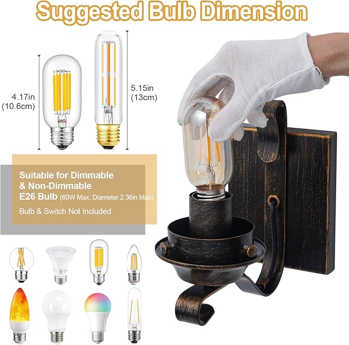 Yisuro Wall Sconces Sets of 2, Oil Rubbed Bronze Hardwired Wall Sconce Indoor, Retro Rustic Wall Lamps with Amber Glass,Vintage Bedside Sconces Wall Lighting for Living Room Bathroom