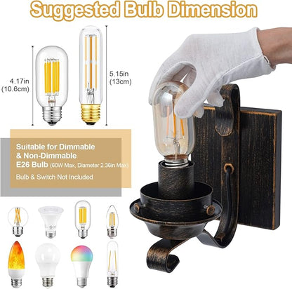 Yisuro Wall Sconces Sets of 2, Oil Rubbed Bronze Hardwired Wall Sconce Indoor, Retro Rustic Wall Lamps with Amber Glass,Vintage Bedside Sconces Wall Lighting for Living Room Bathroom
