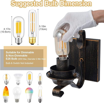 Yisuro Hardwired Wall Sconce,Oil Rubbed Bronze Hardwired Wall Sconce Indoor, Retro Rustic Wall Lamps with Amber Glass,Vintage Bedside Sconces Wall Lighting for Living Room Bathroom