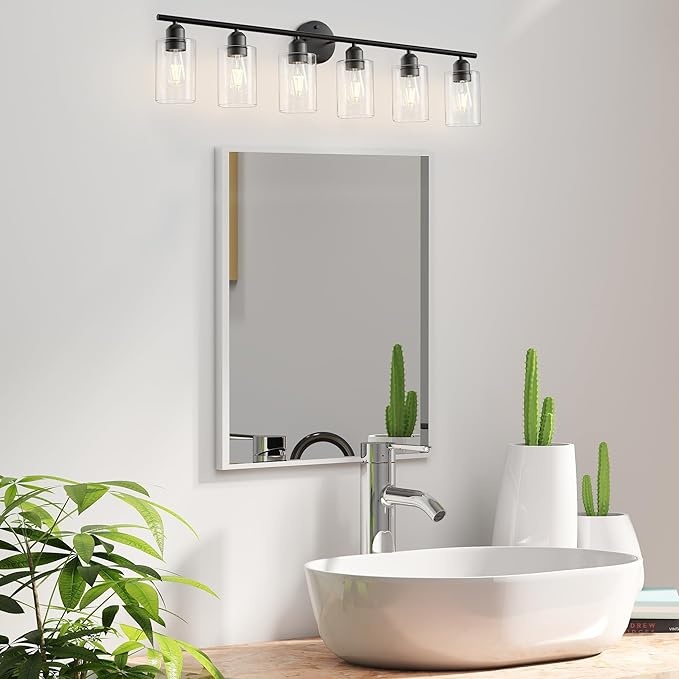 6 Lights Bathroom Vanity Light Fixtures Matte Black,Rustic Farmhouse Vanity Lighting Over Mirror Modern Industrial Lamp with Cylinder Glass Shade UL Certified