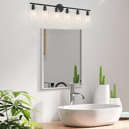 6 Lights Bathroom Vanity Light Fixtures Matte Black,Rustic Farmhouse Vanity Lighting Over Mirror Modern Industrial Lamp with Cylinder Glass Shade UL Certified