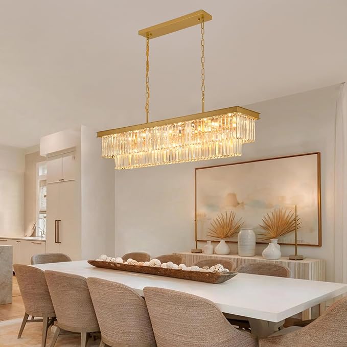 Weesalife Crystal Chandeliers for Dining Room Light Fixtures Over Table，18-Lights Gold Modern Rectangle Chandeliers for Kitchen Island Bar L46 Inch