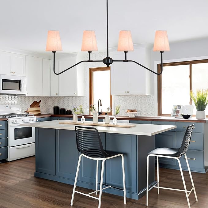 Kitchen Island Lighting,4-Light Modern Linear Chandeliers for Dining Room Light Fixture Over Table Classic Matte Black Pendant Light with Linen Shades 41”W for Kitchen Island Living Room