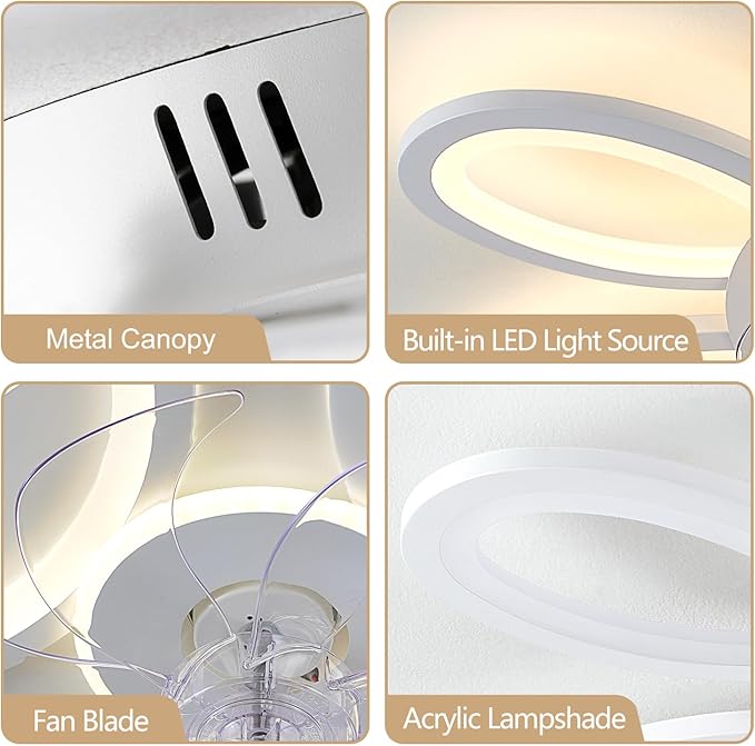 Ceiling Fans with Lights and Remote, 25 Inch Modern Low Profile Flush Mount Ceiling Fan, Dimmable LED Ceiling Light Fixture, Small Ceiling Fans for Bedroom, Kitchen, Indoor-White
