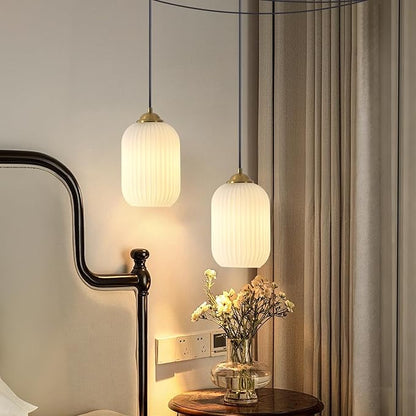 Glass Cylinder Pendant Light Antique Brass Plug in Hanging Light Fixture Vintage Gold Milk Glass Pendant Light Mid Century Modern Plug in Hanging Light