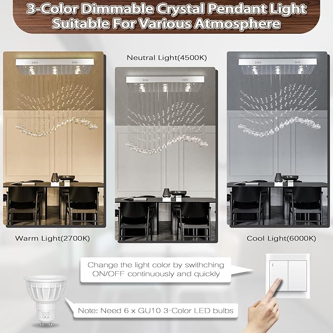Finktonglan Linear Crystal Chandelier for Kitchen Island, 31.5'' Rectangular K9 Crystal Island Chandelier, 6-Light GU10 Height Adjustable Modern Dining Room Ceiling Light
