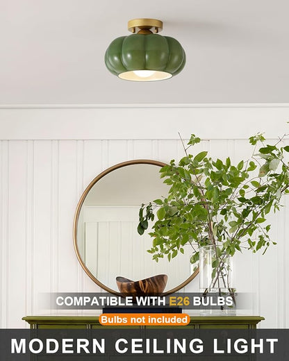 Vintage Semi Flush Mount Ceiling Light,Mid Century Modern Ceiling Light Fixtures,10 Inch Green Glass Shade with a Gold Base,for Bedroom, Kitchen, Hallway, Entryway, and Balconie