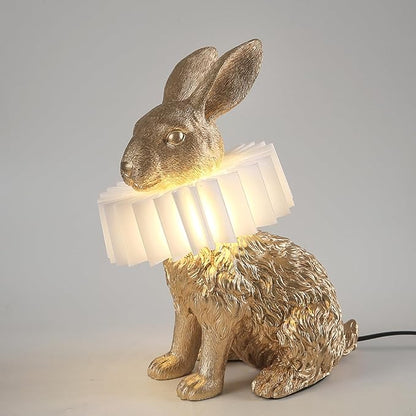 Gold Scarf Bunny Lamp,Resin Crafted Sitting Rabbit Table Lamp,White Pleated PC Lampshade,USB Powered LED Nightstand Lamp,Cute Home Decor & Kids Bedroom Nursery Light