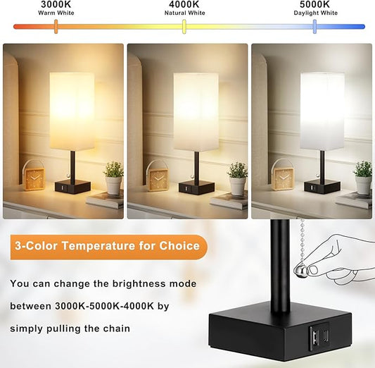 aooshine Bedside Table Lamps Set of 2 - Small White Bedroom Lamps with 3 Color Temperatures (3000K/5000K/4000K), Square Nightstand Lamp with USB C + A Charging Ports, Pull Chain Night Light