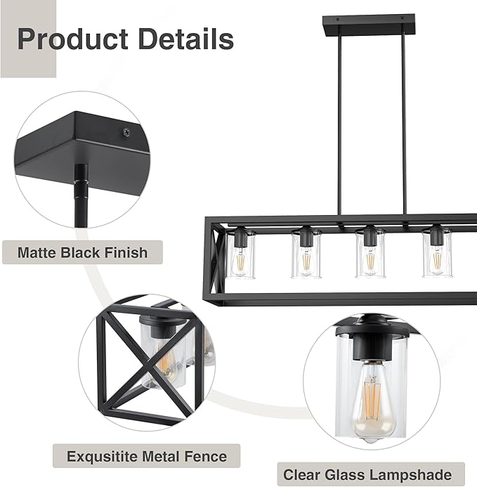 Farmhouse Dining Room Light Fixture - 5 Light Matte Black Rectangle Light Fixture with Adjustable Height & Thickened Metal Dining Table Fixture Chandeliers for Dining Room&Kitchen Island