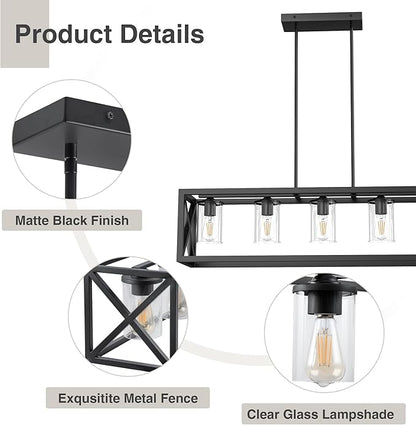 Farmhouse Dining Room Light Fixture - 5 Light Matte Black Rectangle Light Fixture with Adjustable Height & Thickened Metal Dining Table Fixture Chandeliers for Dining Room&Kitchen Island