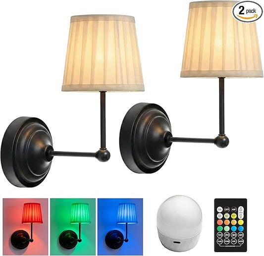 Battery Operated Wall Sconces Set of 2, Black Rechargeable Wall Lights with 10000mAh RGB Dimmable Magnetic Bulbs and Remote,16 Colors Cordless Wall Lamps for Bedroom Living Room Hallway Decor