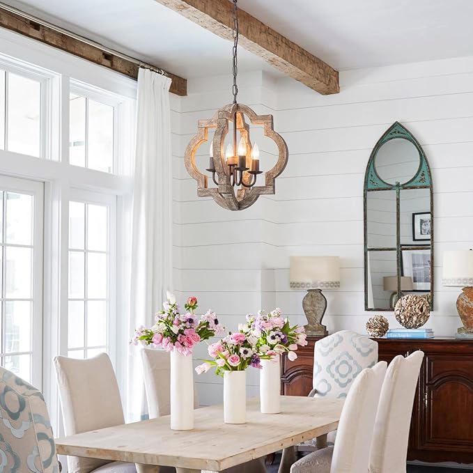 16" Oak Farmhouse Chandeliers for Dining Room Distressed Wood Pendant Light Fixture 4-Light Rustic Ceiling Hanging Light over Table for Kitchen Island Bedroom Entryway Foyer Dimmable & Ajustable Heigh