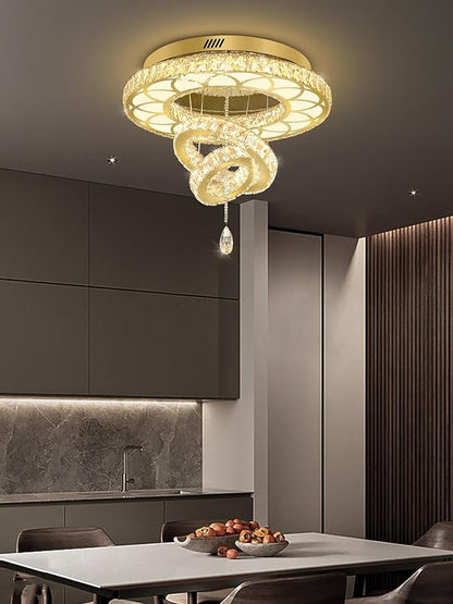 Flashing God Dia 24" Modern Crystal Chandelier for Living Room Gold Ceiling Chandelier Flush Mount Crystal Ceiling Light for Dining Room Bedroom Hallway