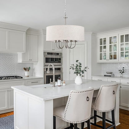 Drum Modern Chandeliers for Dining Room Light Fixture 5 Lights Brushed Nickel Chandelier with Linen Lampshade 19” Farmhouse Chandelier Large Pendant Lighting Fixtures for Foyer Entryway Kitchen
