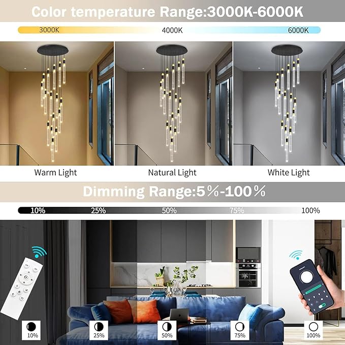 16-Lights 138 Inches Modern Chandelier LED Light Fixtures Adjustable High Ceiling Long Light Chandelier for Hallway Foyer Dimmable Lights with Remote Living Dining Ceiling Pendant Lighting