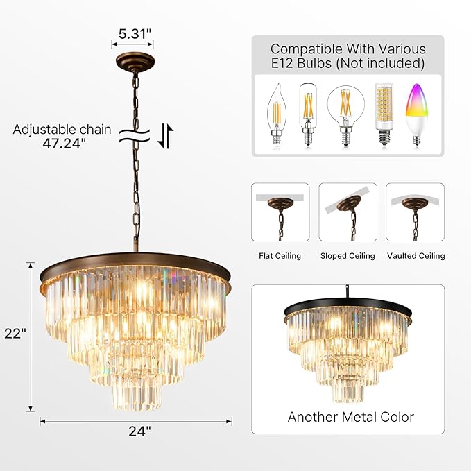 Modern Crystal Chandeliers For Dining Room: 24 Inch Antique Copper Vintage Chandelier Over Table - 4 Tiers Round Ceiling Pendant Lighting Fixture For Living Room Kitchen Island Bedroom Entryway Foyer