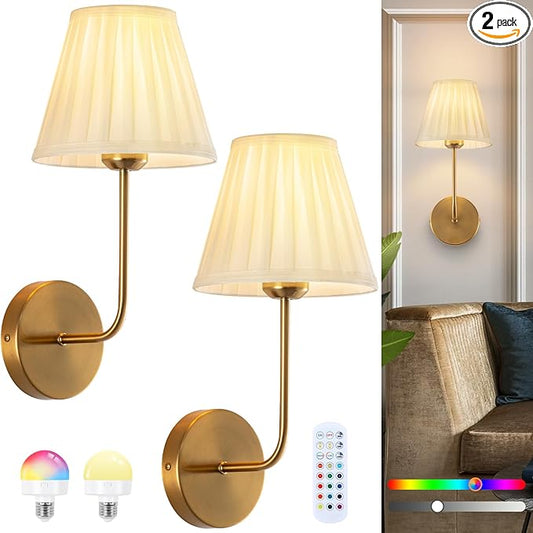 Cordless Wall Sconces Set of 2, Dimmable 15 Colors Rechargeable Battery Operated Wall Sconces, Wireless Gold Vintage Wall Sconce with Fabric for Bedroom Living Room Hallway Wall Decor