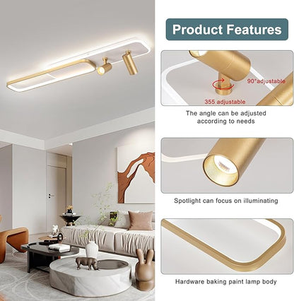 EIDISUNY Modern LED Ceiling Light Remote Control, 39.3in Linear Ceiling Light with 2 Adjustable Spotlights 65W, Dimmable 3CCT, Gold Long Ceiling Light Fixture for Bedroom Kitchen Living Room