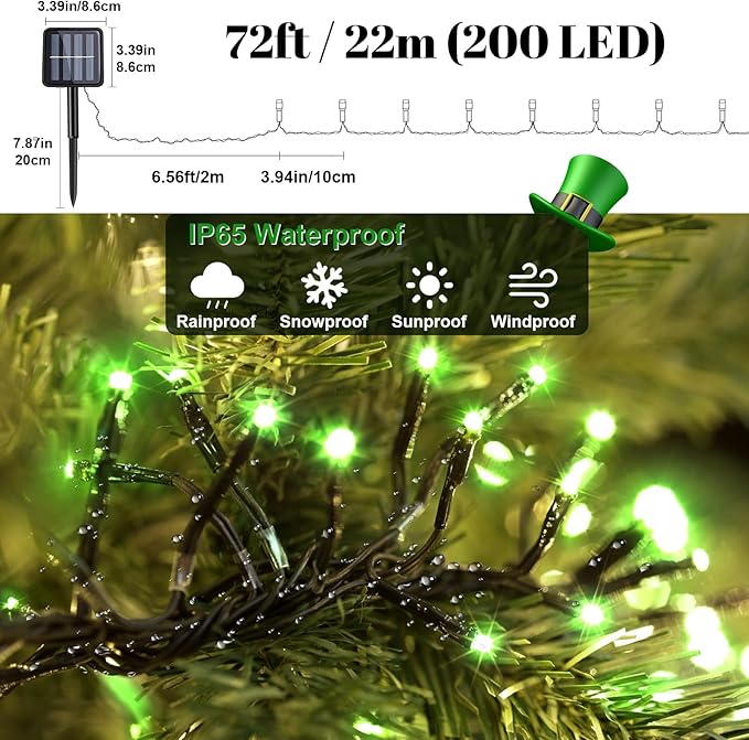 St Patricks Day Decorations String Lights 2 Pack Green Solar Lights Outdoor Waterproof Total 144FT 400LED Christmas Fairy Lights 8 Modes for Halloween Xmas Irish St. Patrick's Day Decor (Green-2 Pack)