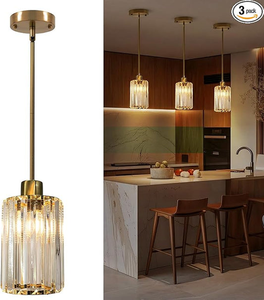 3-Pack Gold Crystal Pendant Lights for Kitchen Island, Adjustable Modern Hanging Light Fixtures for Flat or Sloped Ceiling, E26 Mini Pendant Lights with Crystal Glass Shade for Dining Room Bar