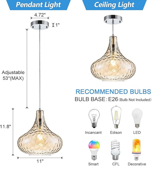 Amber Glass Pendant Light - 11-Inch Hammered Glass Ceiling Light with Brushed Nickel Finish, Adjustable Hanging Cord, Modern Lighting for Kitchen Island, Dining Room, Living Room & Hallway