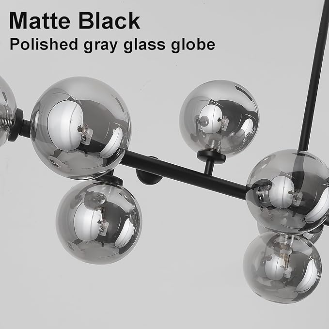 Mid Century Modern Chandelier 55in Linear Bubble Chandeliers 16-Light Black & Gray Sputnik Pendant Lighting Fixture for Dining Room Kitchen Island