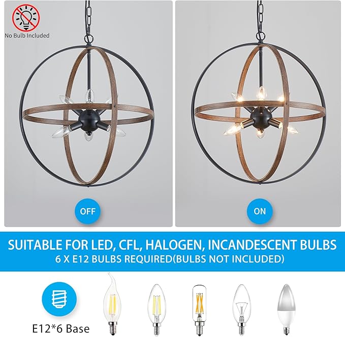 XINGQI Vintage Globe Chandelier Orb Pendant Lighting Fixtures,6-Light Sphere Lights Over Island 19.7" Black and Wood Grain Finish Chandeliers for Dining Room,Kitchen,Living Room