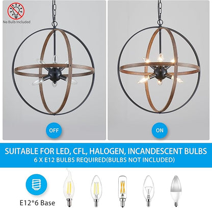 XINGQI Vintage Globe Chandelier Orb Pendant Lighting Fixtures,6-Light Sphere Lights Over Island 19.7" Black and Wood Grain Finish Chandeliers for Dining Room,Kitchen,Living Room