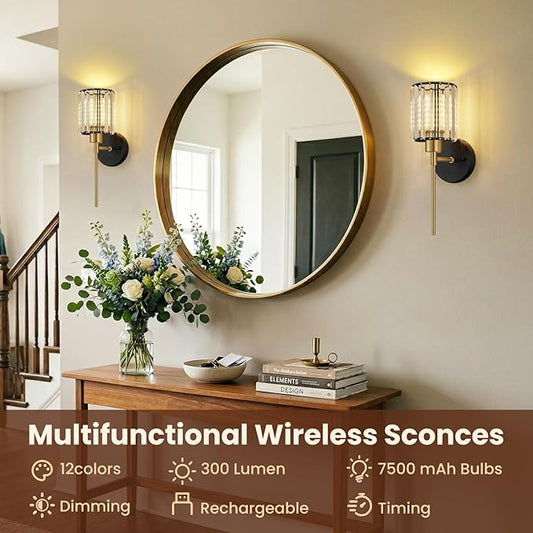Crystal Battery Operated Wall Sconces, BlackGold Rechargeable Wireless Wall Sconce Lights with Dimmable Bulbs and Remote, 12 Colors and 3CCT Dimmable Crystal Wall Lamps for Living Bedroom