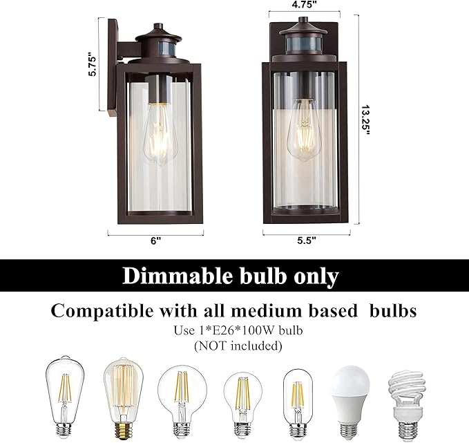 MICSIU Bronze Motion Sensor Outdoor Wall Light, Waterproof Dusk to Dawn Exterior Light Fixture with Clear Glass, 13 Inch Outside Light Fixture for House, Front Porch, Garage, Walkway