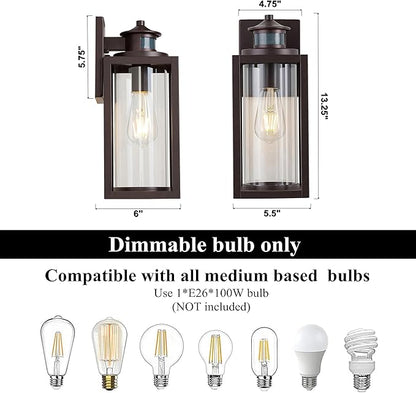 MICSIU Bronze Motion Sensor Outdoor Wall Light, Waterproof Dusk to Dawn Exterior Light Fixture with Clear Glass, 13 Inch Outside Light Fixture for House, Front Porch, Garage, Walkway