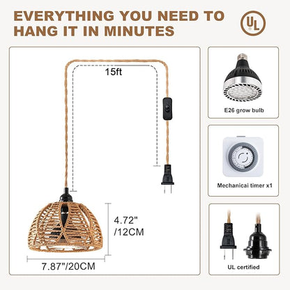 Hanging Grow Lights for Indoor Plants, Full Spectrum Plant Light, with Timer and 15FT Power Cord, 30W Pendant Plant Lights for Indoor Growing, Garden, Flowers, Greenhouse