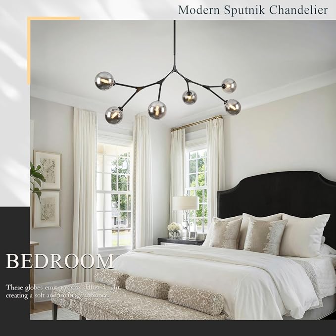 6 Lights Sputnik Chandelier for Dining Room L45’’ Black Modern Pendant Light Fixture with Black Clear Glass Shade Large Mid Century Chandeliers for Kitchen Island Living Room Foyer